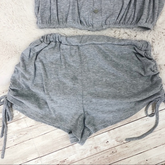 Lavender Field Gray Ribbed Ruched Off Shoulder PJ - Picture 2 of 5